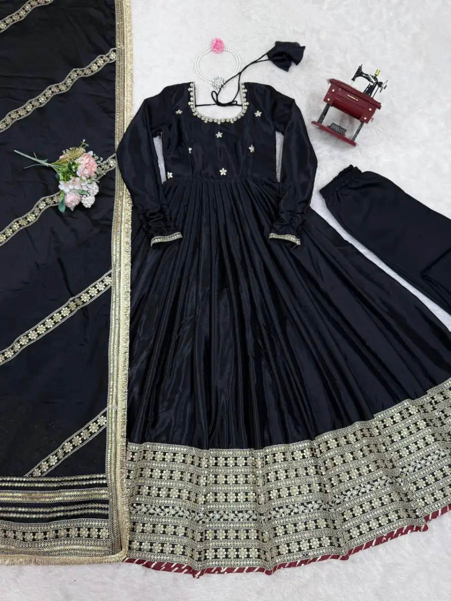 DESIGNER CHINON THREAD WITH SEQUENCE LACE BORDER WORK GOWN BOTTOM WITH DUPATTA WEDDING WEAR WHOLESALE PRICE ETHNIC GARMENT (7)