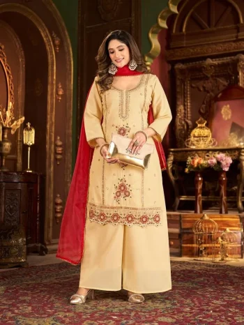 DESIGNER COSMOS SHIMMER ZARDOSI BEADS WORK TOP PALAZZO WITH DUPATTA RED AND OFF WHITE