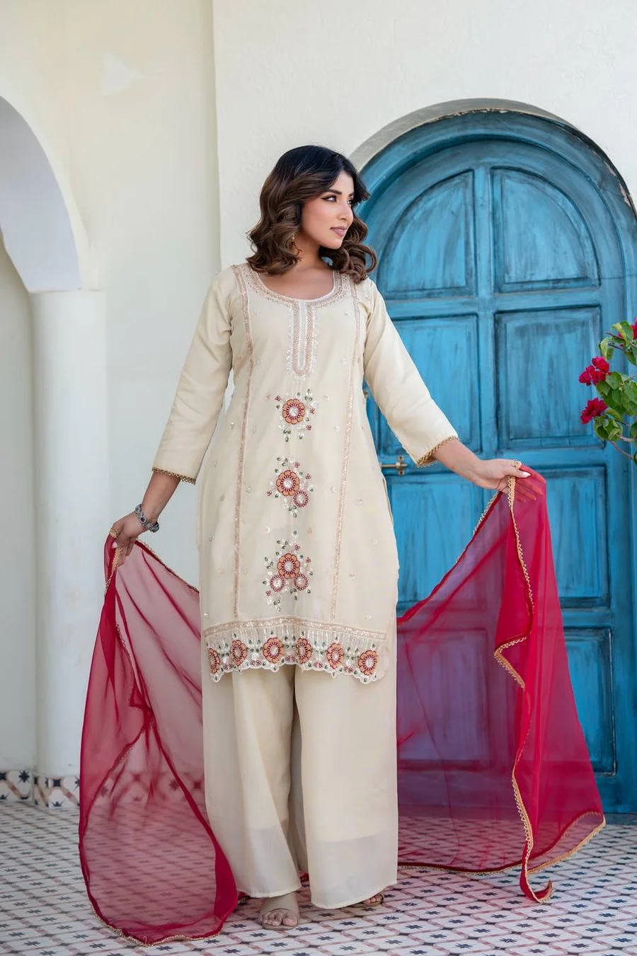 DESIGNER COSMOS SHIMMER ZARDOSI BEADS WORK TOP PALAZZO WITH DUPATTA FESTIVE WEAR WHOLESALE PRICE ETHNIC GARMENT (2)