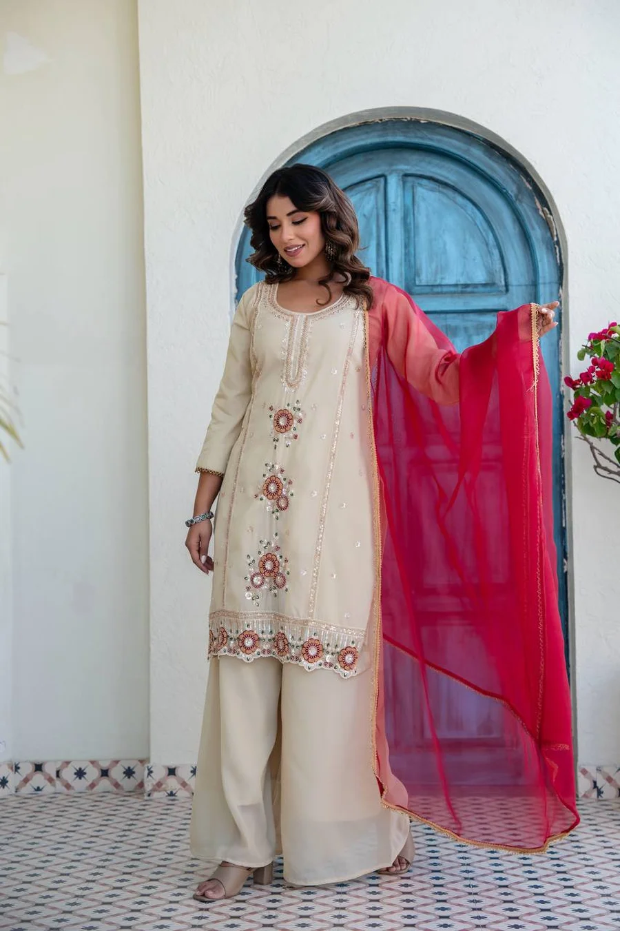 DESIGNER COSMOS SHIMMER ZARDOSI BEADS WORK TOP PALAZZO WITH DUPATTA FESTIVE WEAR WHOLESALE PRICE ETHNIC GARMENT (4)
