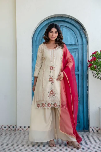DESIGNER COSMOS SHIMMER ZARDOSI BEADS WORK TOP PALAZZO WITH DUPATTA RANI AND OFF WHITE