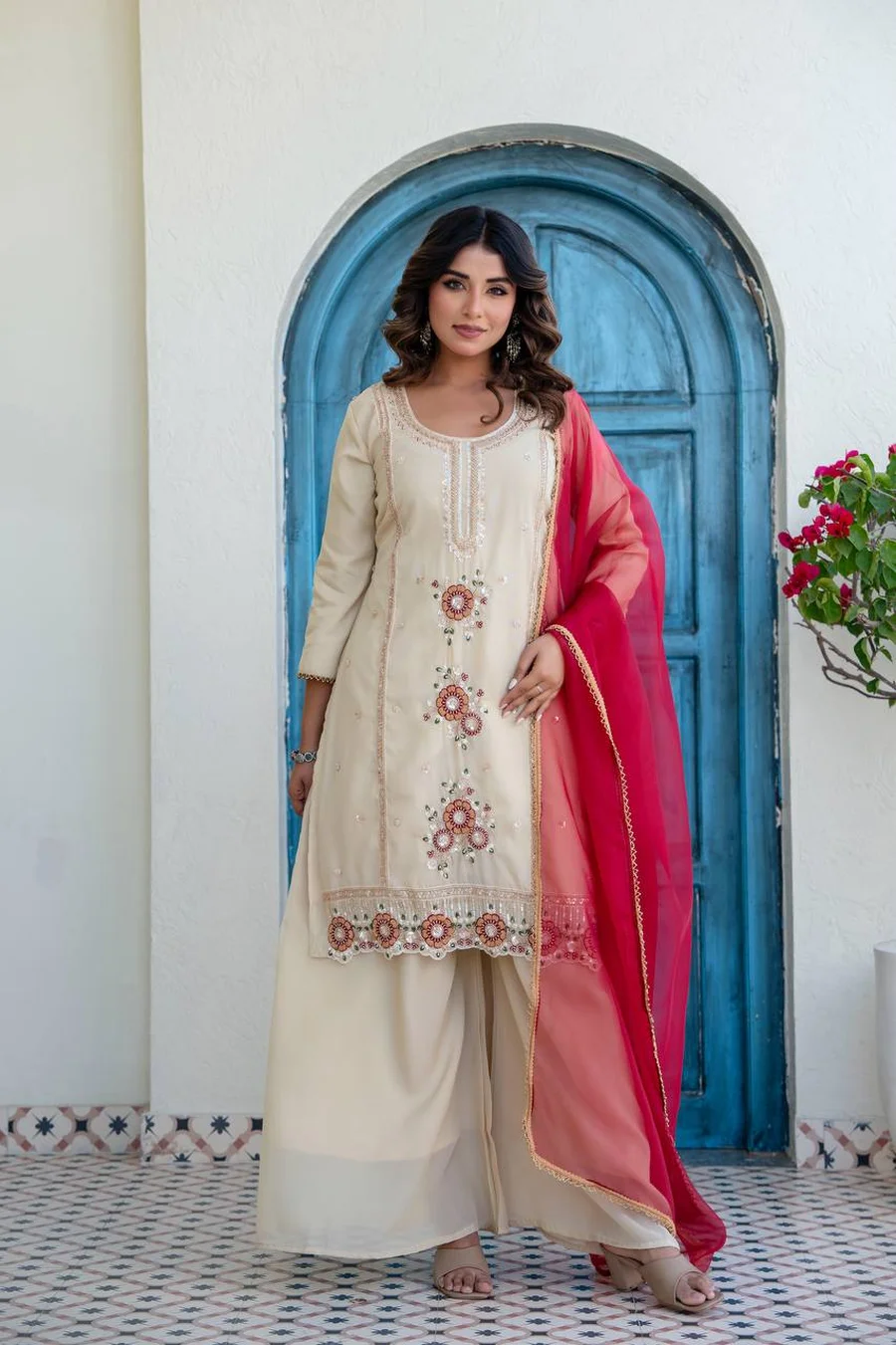 DESIGNER COSMOS SHIMMER ZARDOSI BEADS WORK TOP PALAZZO WITH DUPATTA FESTIVE WEAR WHOLESALE PRICE ETHNIC GARMENT (5)