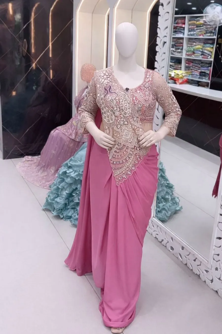 DESIGNER CREPE EMBROIDERY SEQUENCE WORK READY TO WEAR SAREE WITH STITCHED BLOUSE WHOLESALE PRICE ETHNIC GARMENT (10)