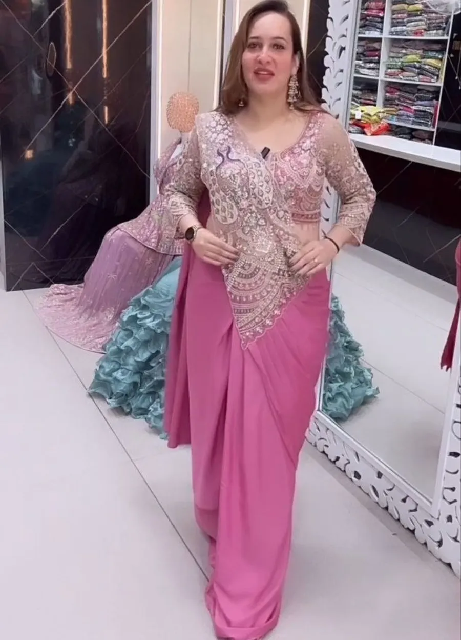 DESIGNER CREPE EMBROIDERY SEQUENCE WORK READY TO WEAR SAREE WITH STITCHED BLOUSE WHOLESALE PRICE ETHNIC GARMENT (9)