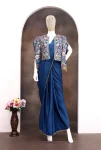 DESIGNER CREPE SILK EMBROIDERY SEQUENCE LACE WORK READY TO WEAR SAREE STITCHED BLOUSE WITH KOTI TEAL