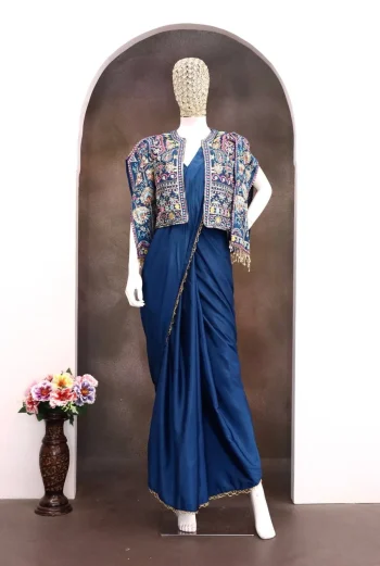 DESIGNER CREPE SILK EMBROIDERY SEQUENCE LACE WORK READY TO WEAR SAREE STITCHED BLOUSE WITH KOTI TEAL
