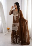 DESIGNER CRUNCHY SILK EMBROIDERY,THREAD AND JARI WORK TOP PALAZZO WITH DUPATTA BROWN