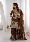 DESIGNER CRUNCHY SILK EMBROIDERY,THREAD AND JARI WORK TOP PALAZZO WITH DUPATTA FESTIVE WEAR WHOLESALE PRICE ETHNIC GARMENT (5)