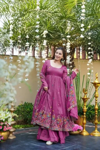 DESIGNER CRUNCHY SILK MULTI EMBROIDERY & SEQUENCE WORK GOWN PALAZZO WITH DUPATTA PINK