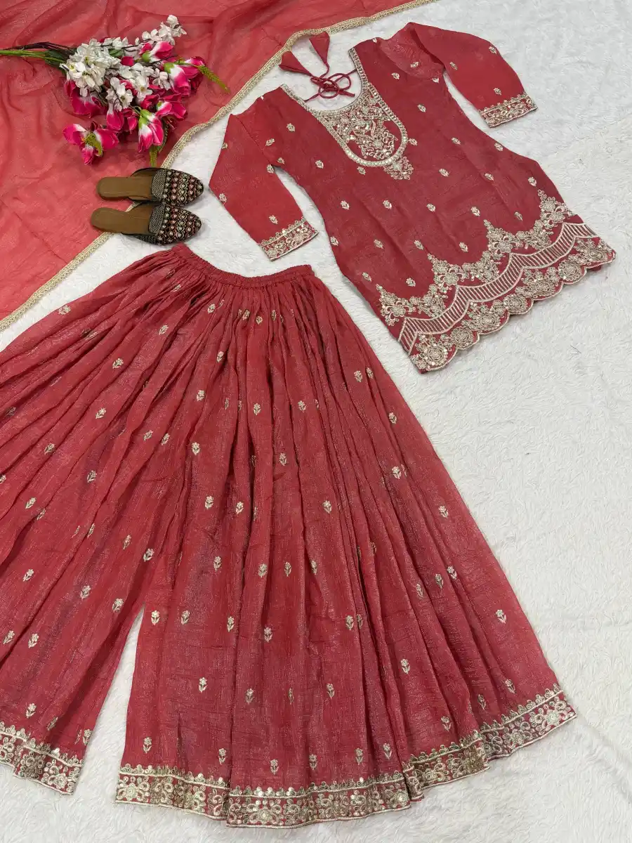 DESIGNER CRUNCHY SILK SEQUENCE EMBROIDERY WORK TOP PALAZZO WITH DUPATTA FESTIVE WEAR WHOLESALE PRICE ETHNIC GARMENT (1)