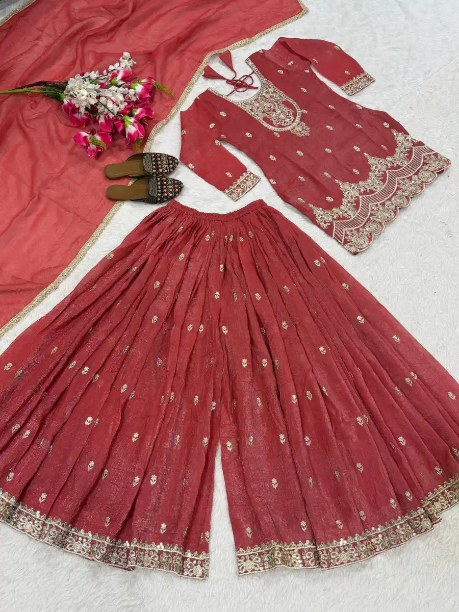 DESIGNER CRUNCHY SILK SEQUENCE EMBROIDERY WORK TOP PALAZZO WITH DUPATTA FESTIVE WEAR WHOLESALE PRICE ETHNIC GARMENT (11)