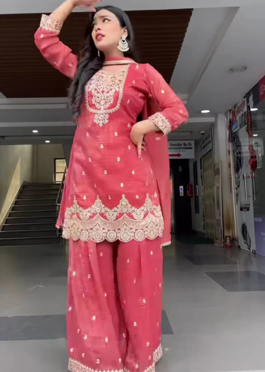 DESIGNER CRUNCHY SILK SEQUENCE EMBROIDERY WORK TOP PALAZZO WITH DUPATTA FESTIVE WEAR WHOLESALE PRICE ETHNIC GARMENT (5)