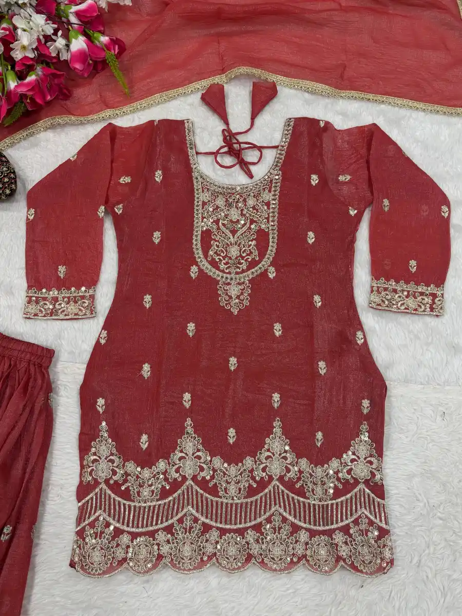 DESIGNER CRUNCHY SILK SEQUENCE EMBROIDERY WORK TOP PALAZZO WITH DUPATTA FESTIVE WEAR WHOLESALE PRICE ETHNIC GARMENT (8)