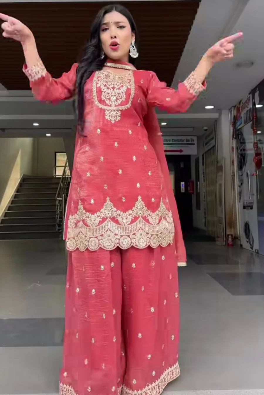 DESIGNER CRUNCHY SILK SEQUENCE EMBROIDERY WORK TOP PALAZZO WITH DUPATTA FESTIVE WEAR WHOLESALE PRICE ETHNIC GARMENT (9)