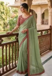 DESIGNER CRUSH SILK HAND WORK FANCY LACE BORDER WORK SAREE WITH STITCHED BLOUSE PISTA