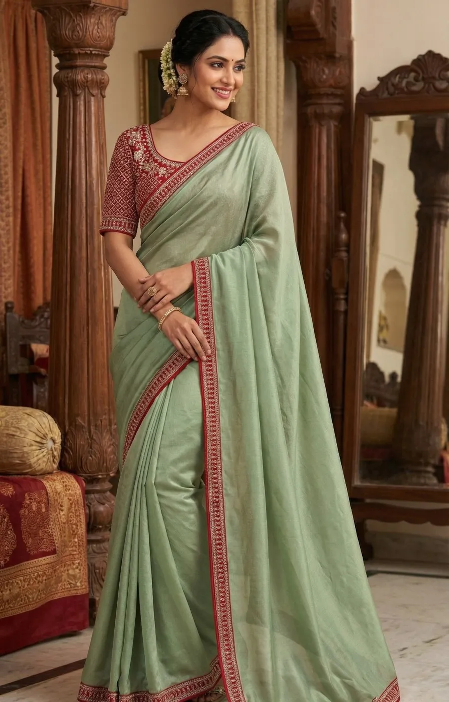 DESIGNER CRUSH SILK HAND WORK FANCY LACE BORDER WORK SAREE WITH STITCHED BLOUSE FESTIVE WEAR WHOLESALE PRICE ETHNIC GARMENT (11)