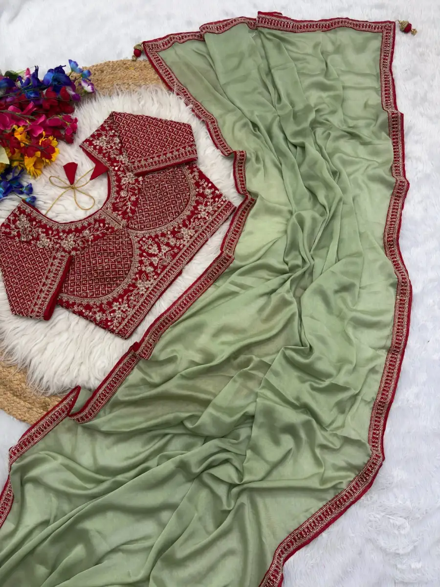 DESIGNER CRUSH SILK HAND WORK FANCY LACE BORDER WORK SAREE WITH STITCHED BLOUSE FESTIVE WEAR WHOLESALE PRICE ETHNIC GARMENT (22)