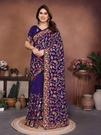 DESIGNER CRUSH SILK LUCKNOWI EMBROIDERY WORK SAREE WITH UNSTITCHED BLOUSE PURPLE