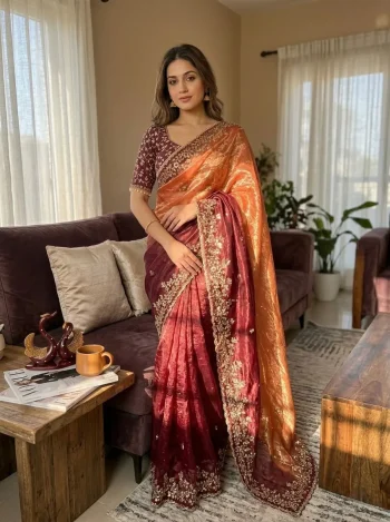 DESIGNER FENDY CHIFFON SEQUENCE EMBROIDERY WORK SAREE WITH UNSTITCHED BLOUSE CHIKU