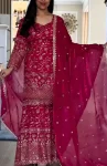 DESIGNER FENDY CRUSH SILK SEQUENCE EMBROIDERY WORK TOP SHARARA WITH DUPATTA PINK