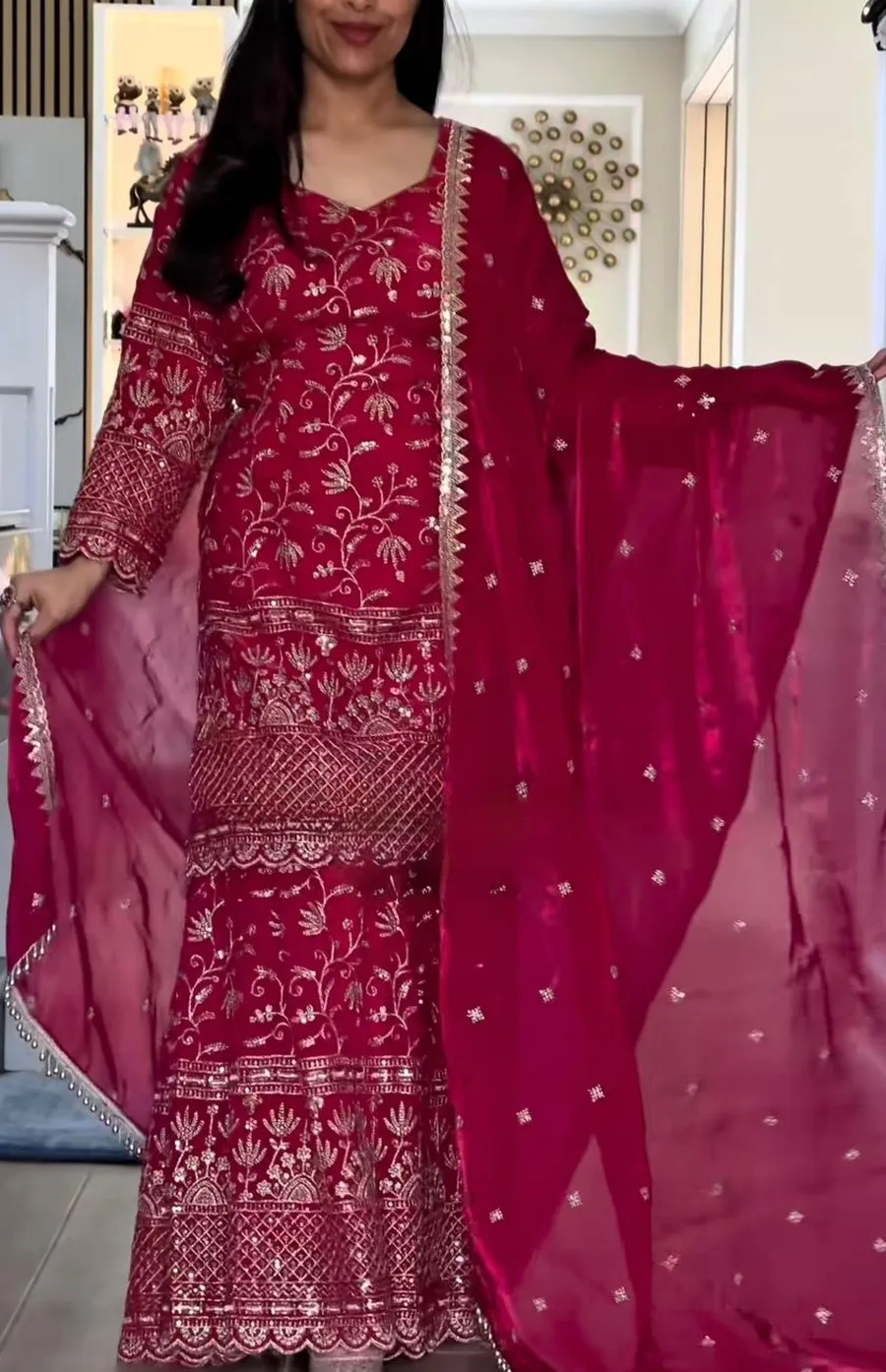 DESIGNER FENDY CRUSH SILK SEQUENCE EMBROIDERY WORK TOP SHARARA WITH DUPATTA FESTIVE WEAR WHOLESALE PRICE ETHNIC GARMENT (3)
