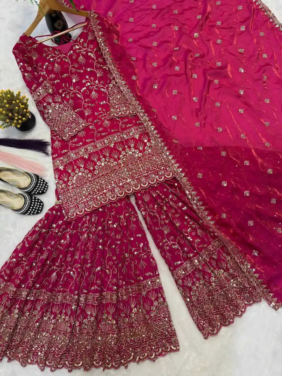 DESIGNER FENDY CRUSH SILK SEQUENCE EMBROIDERY WORK TOP SHARARA WITH DUPATTA FESTIVE WEAR WHOLESALE PRICE ETHNIC GARMENT (4)