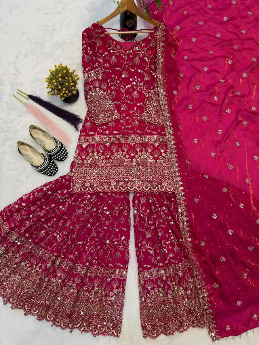 DESIGNER FENDY CRUSH SILK SEQUENCE EMBROIDERY WORK TOP SHARARA WITH DUPATTA FESTIVE WEAR WHOLESALE PRICE ETHNIC GARMENT (5)