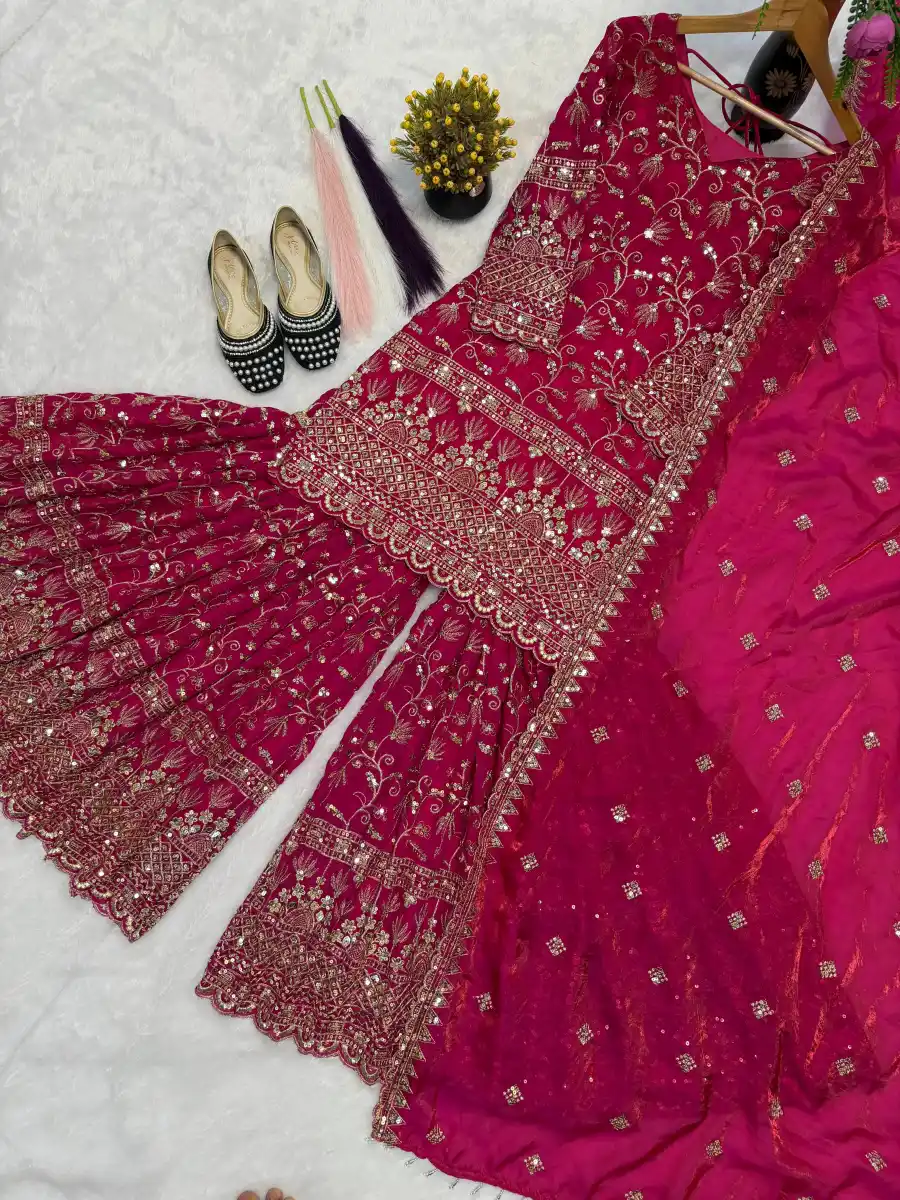 DESIGNER FENDY CRUSH SILK SEQUENCE EMBROIDERY WORK TOP SHARARA WITH DUPATTA FESTIVE WEAR WHOLESALE PRICE ETHNIC GARMENT (6)
