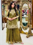 DESIGNER FENDY EMBROIDERY 5 MM SEQUENCE ,HAND WORK MOTI, MIRROR WORK TOP PALAZZO WITH DUPATTA GREEN