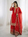 DESIGNER FENDY SILK EMBROIDERY CODING AND SEQUENCE WORK TOP PALAZZO WITH DUPATTA RED