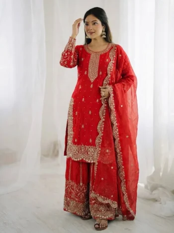 DESIGNER FENDY SILK EMBROIDERY CODING AND SEQUENCE WORK TOP PALAZZO WITH DUPATTA RED