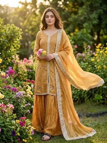 DESIGNER FENDY SILK EMBROIDERY SEQUENCE & CODING DORI WITH RIVET MOTI WORK TOP PALAZZO WITH DUPATTA CREAM