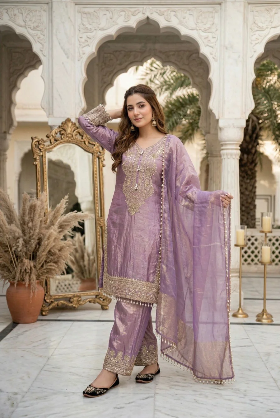 DESIGNER FENDY SILK EMBROIDERY SEQUENCE CODING WORK WITH FANCY LACE BORDER WORK TOP PALAZZO WITH DUPATTA FESTIVE WEAR WHOLESALE PRICE ETHNIC GARMENT (2)
