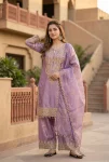 DESIGNER FENDY SILK EMBROIDERY SEQUENCE CODING WORK WITH FANCY LACE BORDER WORK TOP PALAZZO WITH DUPATTA PURPLE
