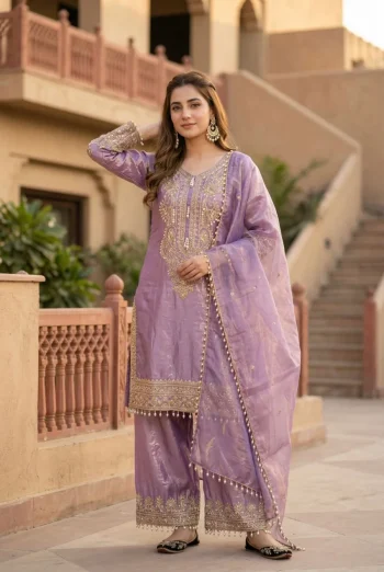 DESIGNER FENDY SILK EMBROIDERY SEQUENCE CODING WORK WITH FANCY LACE BORDER WORK TOP PALAZZO WITH DUPATTA PURPLE