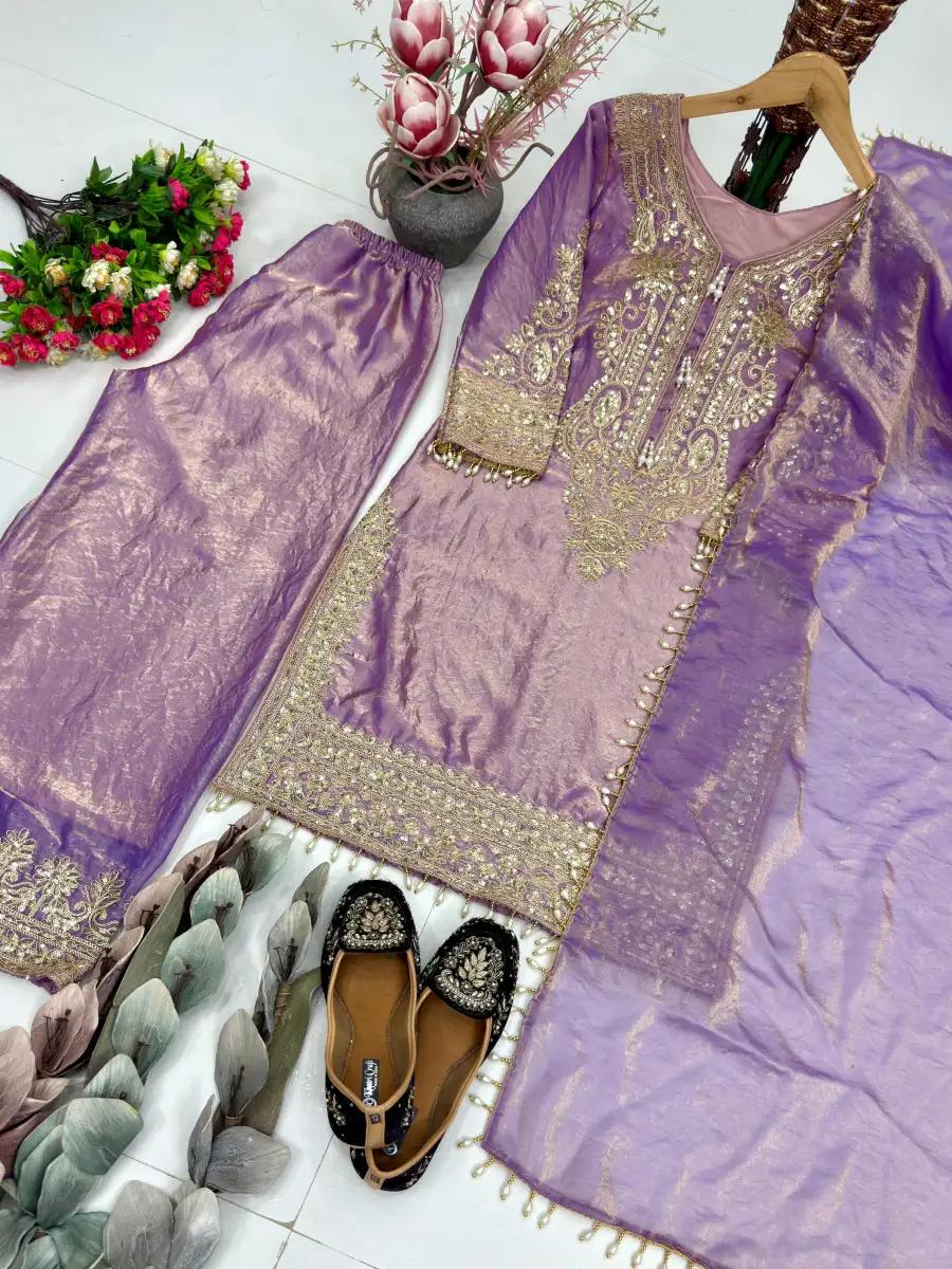 DESIGNER FENDY SILK EMBROIDERY SEQUENCE CODING WORK WITH FANCY LACE BORDER WORK TOP PALAZZO WITH DUPATTA FESTIVE WEAR WHOLESALE PRICE ETHNIC GARMENT (7)