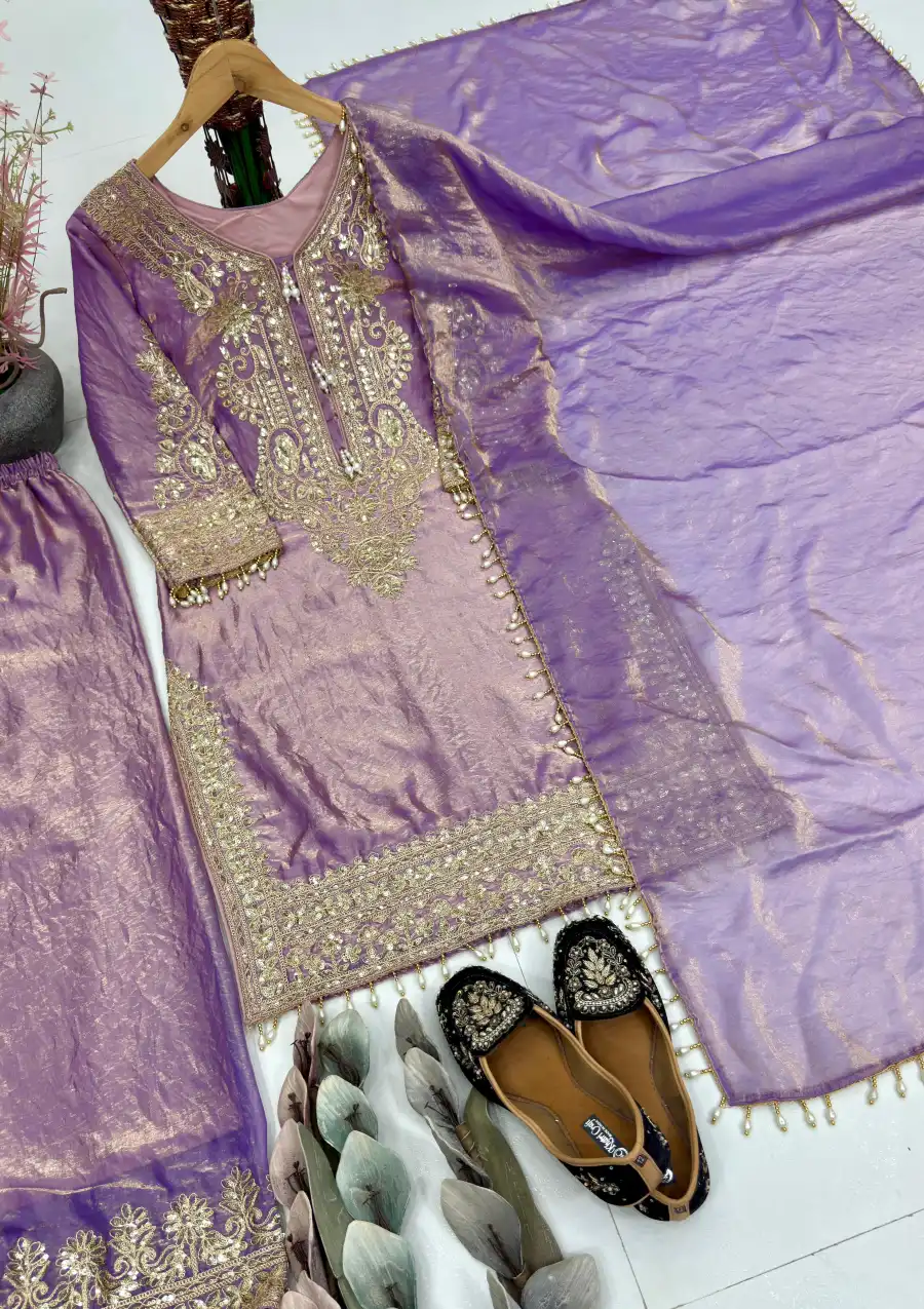 DESIGNER FENDY SILK EMBROIDERY SEQUENCE CODING WORK WITH FANCY LACE BORDER WORK TOP PALAZZO WITH DUPATTA FESTIVE WEAR WHOLESALE PRICE ETHNIC GARMENT (8)