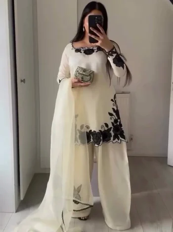 DESIGNER FENDY SILK EMBROIDERY THREAD WORK TOP PATIYALA WITH DUPATTA BLACK AND OFF WHITE