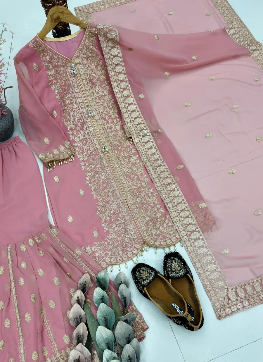 DESIGNER GEORGETTE CHAIN SEQUENCE WORK WITH LATKAN AND LACE BORDER WORK TOP PALAZZO WITH DUPATTA FESTIVE WEAR WHOLESALE PRICE ETHNIC GARMENT (1)