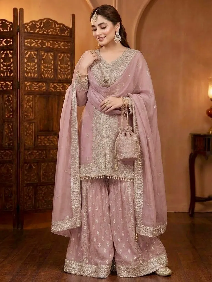 DESIGNER GEORGETTE CHAIN SEQUENCE WORK WITH LATKAN AND LACE BORDER WORK TOP PALAZZO WITH DUPATTA FESTIVE WEAR WHOLESALE PRICE ETHNIC GARMENT (4)