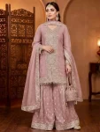 DESIGNER GEORGETTE CHAIN SEQUENCE WORK WITH LATKAN AND LACE BORDER WORK TOP PALAZZO WITH DUPATTA FESTIVE WEAR WHOLESALE PRICE ETHNIC GARMENT (6)