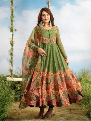 DESIGNER GEORGETTE DIGITAL PRINT AND HANDWORK GOWN BOTTOM WITH DUPATTA GREEN
