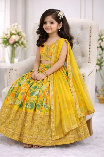 DESIGNER GEORGETTE DIGITAL PRINT & SEQUENCE EMBROIDERY  WORK KID'S LEHENGA CHOLI WITH DUPATTA YELLOW