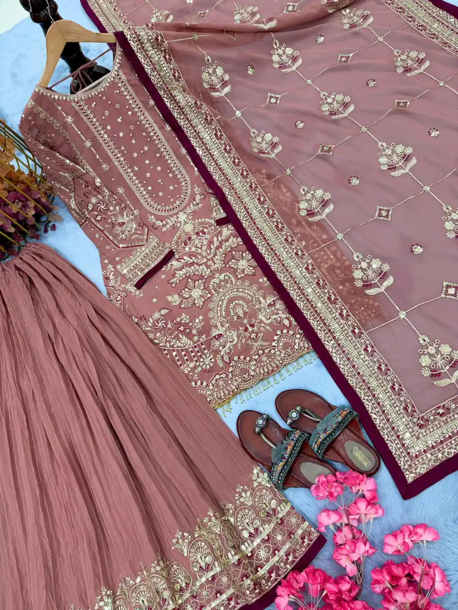 DESIGNER GEORGETTE EMBROIDERY SEQUENCE WITH RIVET MOTI WORK TOP PALAZZO WITH DUPATTA FESTIVE WEAR WHOLESALE PRICE ETHNIC GARMENT (11)