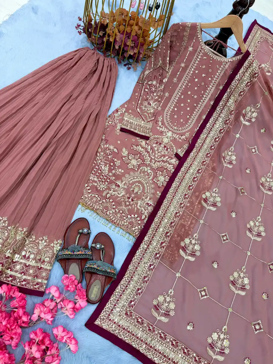 DESIGNER GEORGETTE EMBROIDERY SEQUENCE WITH RIVET MOTI WORK TOP PALAZZO WITH DUPATTA FESTIVE WEAR WHOLESALE PRICE ETHNIC GARMENT (13)