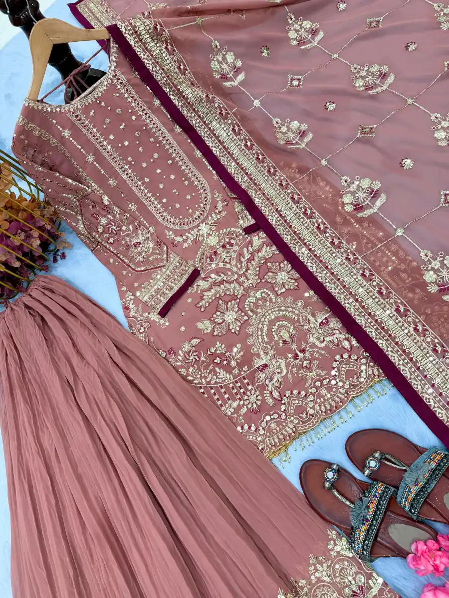 DESIGNER GEORGETTE EMBROIDERY SEQUENCE WITH RIVET MOTI WORK TOP PALAZZO WITH DUPATTA FESTIVE WEAR WHOLESALE PRICE ETHNIC GARMENT (14)