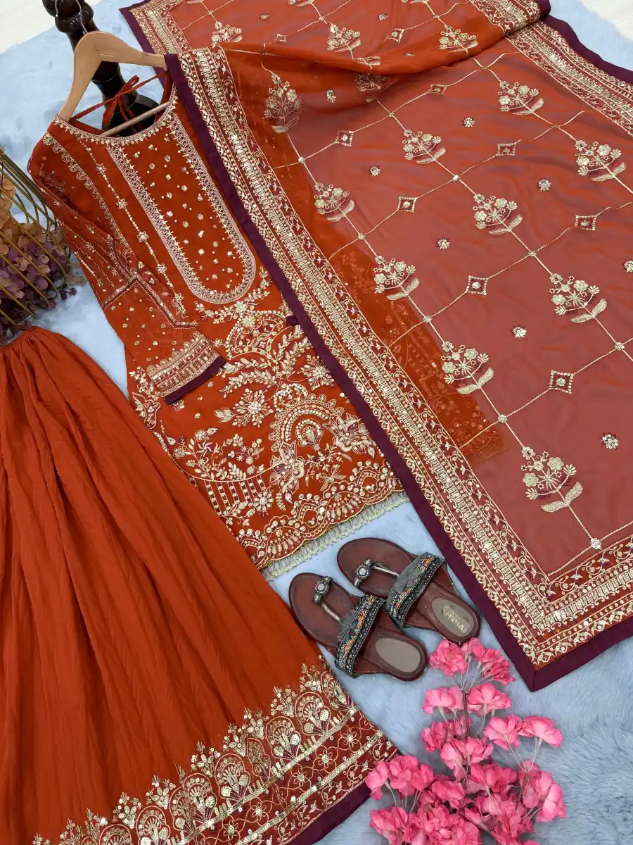 DESIGNER GEORGETTE EMBROIDERY SEQUENCE WITH RIVET MOTI WORK TOP PALAZZO WITH DUPATTA FESTIVE WEAR WHOLESALE PRICE ETHNIC GARMENT (5)