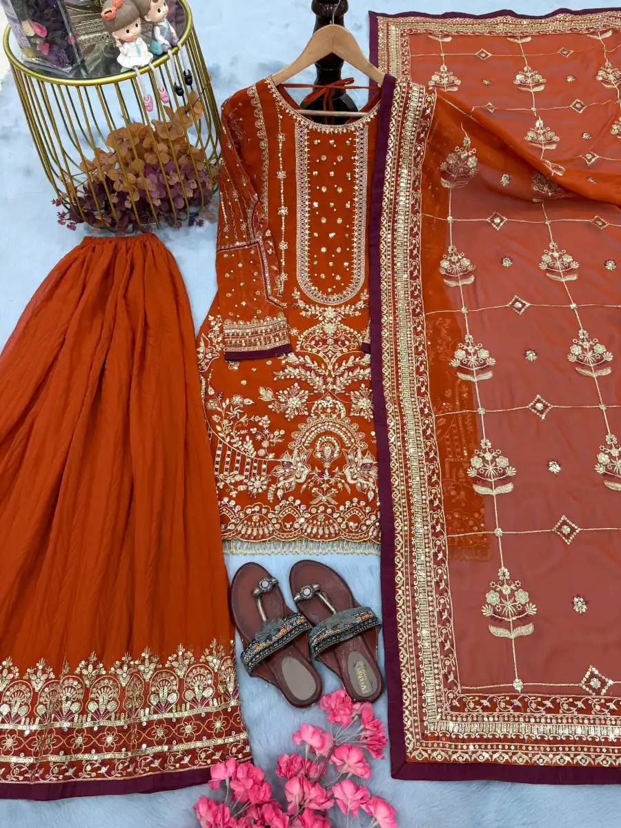 DESIGNER GEORGETTE EMBROIDERY SEQUENCE WITH RIVET MOTI WORK TOP PALAZZO WITH DUPATTA FESTIVE WEAR WHOLESALE PRICE ETHNIC GARMENT (6)