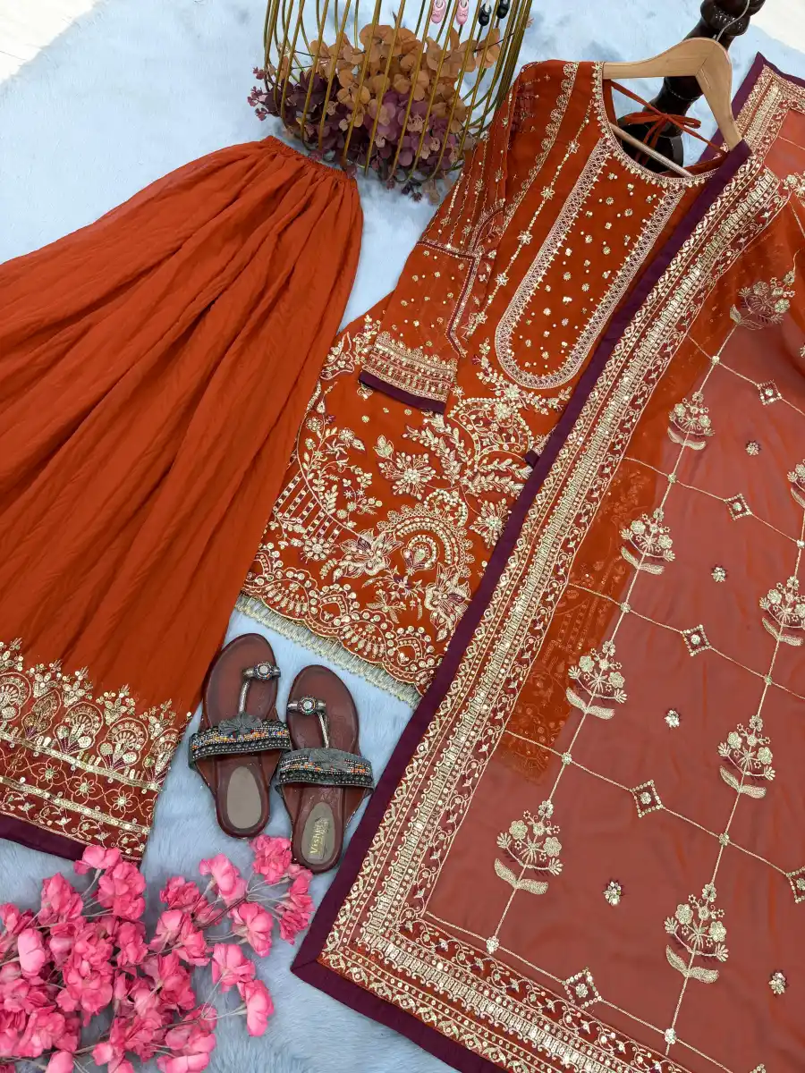DESIGNER GEORGETTE EMBROIDERY SEQUENCE WITH RIVET MOTI WORK TOP PALAZZO WITH DUPATTA FESTIVE WEAR WHOLESALE PRICE ETHNIC GARMENT (7)