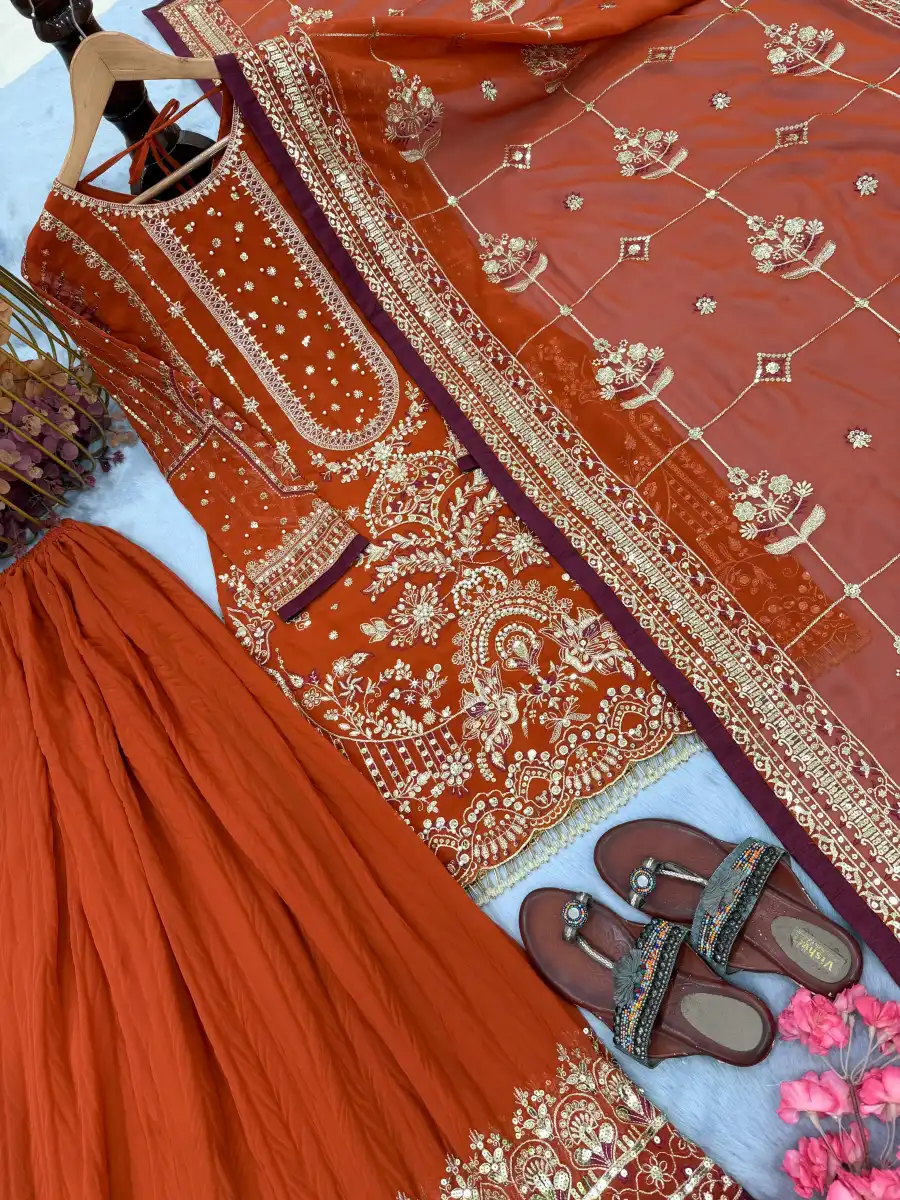 DESIGNER GEORGETTE EMBROIDERY SEQUENCE WITH RIVET MOTI WORK TOP PALAZZO WITH DUPATTA FESTIVE WEAR WHOLESALE PRICE ETHNIC GARMENT (8)